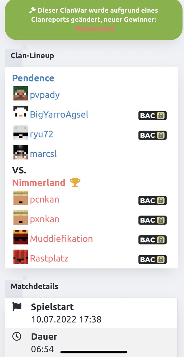 Der Clan Pendence hat eine Clanwar Sperre erhalten, gebannt wurde „marcsl“ 😂
@InvisTurtleYT <a href="/confused_tim/">🌱❗️〽️</a> 
<a href="/Core3000_/">Core3000</a>