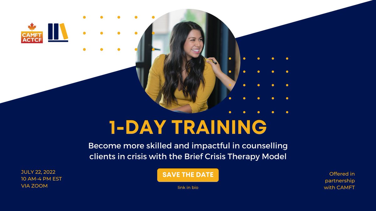 BriefCrisisTx's tweet photo. Are you looking for a new approach and a better understanding of how to counsel clients in crisis? 

Join us on July 22, 2022 for a full-day training in #BriefCrisisTherapy  
 
For all the details and to register, go to https://t.co/ZSWJcHOUrC (link in bio). https://t.co/qVJQXTZLbB