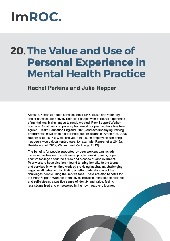 ImROC_comms's tweet photo. *NEW* ImROC briefing paper:

"The Value and Use of Personal Experience in Mental Health Practice" - Rachel Perkins and Julie Repper

👥🔗 https://t.co/oKiwHRWuCY https://t.co/knK6EcH3kg