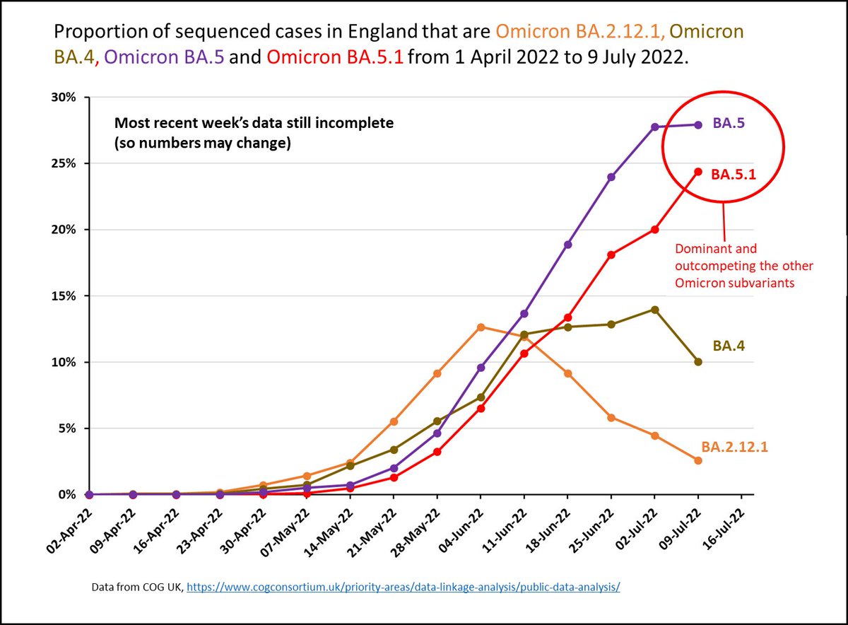 Quick Thread on Covid update in England:

Firstly BA.5 and its child BA.5.1 are now the dominant variants and outcompeting BA.4 &amp; BA.2.12.1. 

Let's hope it's a few months before the next one takes over (unfortunately will prob be september) 1/8