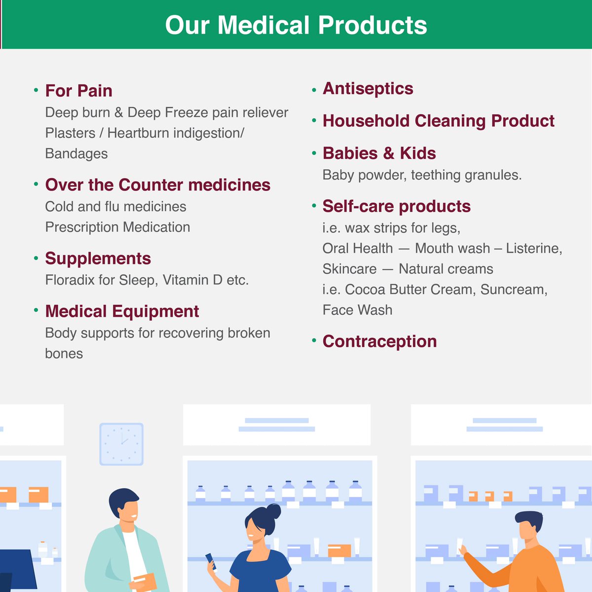 ✔️ From products for discomforts, like bio-oil for dry skin, to aches &amp; pains, we have it all!
✔️ We also have antiseptic liquid/spray, cotton buds, plasters, hygiene products, and more!