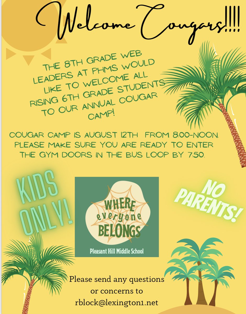 PHMSCougars's tweet photo. RISING PHMS 6th GRADERS!
Cougar Camp is almost here! πππ
Check out the attached flyer for more info!
#PHcougarPRIDE #GoCougars https://t.co/FYi3rf8pKJ