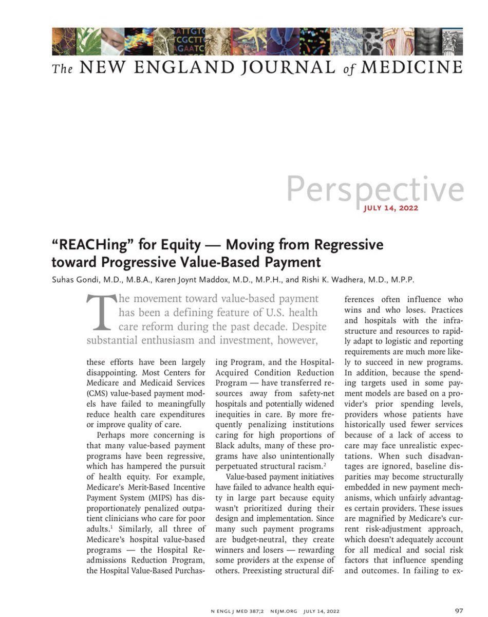 UREssien's tweet photo. New in @NEJM.

“Value-based payment initiatives have failed to advance health equity in large part because equity wasn’t prioritized during their design and implementation… these programs implicitly prioritize well-resourced clinicians &amp; health systems.”

https://t.co/sPIBWwNw9v https://t.co/fWASTXfAY9