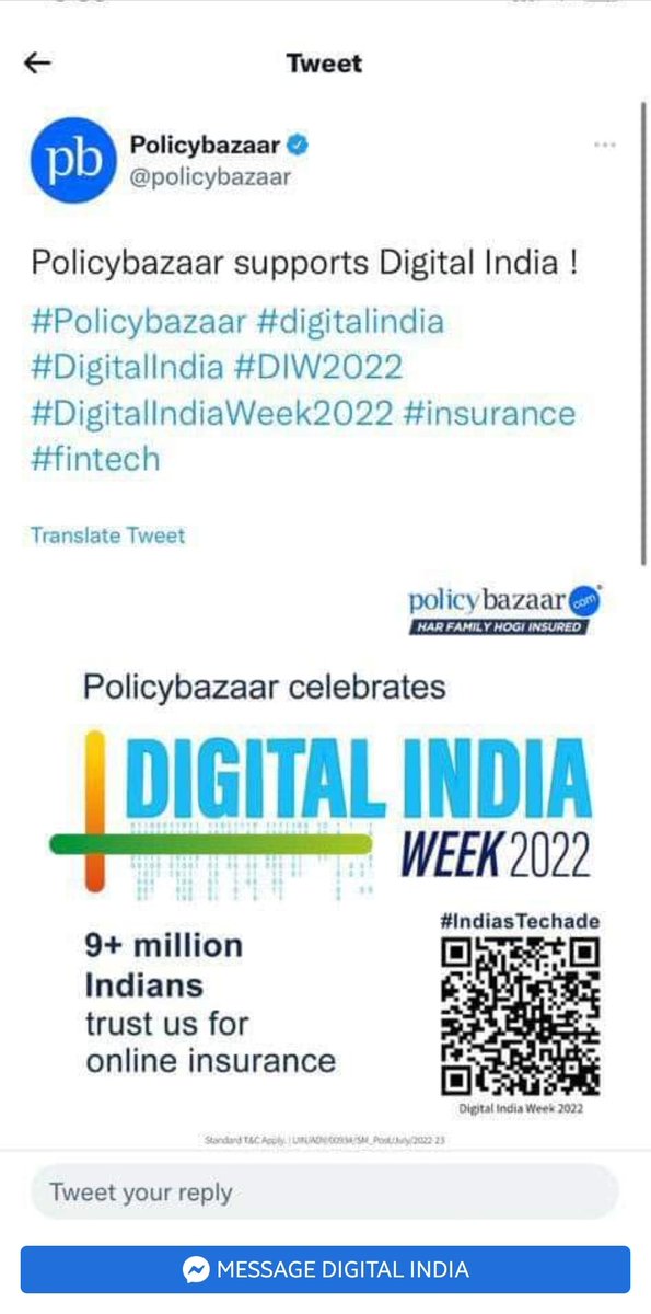 #DigitalIndia & @GoI_MeitY #thank💝 #Policybazaar for #celebrating #DIW2022 with us
#IndiasTechade
#DigitalMarketing
#DigitalTransformation
#InfluencerMarketing
#SocialMedia
#policy
#Bazaar
#ModiHaiToMumkinHai
#Modi
#insurance
#SocialSecurity
#MONEY
#securefuture
#life
#AI
#IT