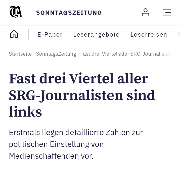 LeonMey12's tweet photo. Also 3/4 der @SRF Journos sind laut #ZAHW-Studie links. Selbst das linke #Watson meint, der Chefredaktor sei links....Brenn: nein, wir sind bestimmt nicht linkslastig. https://t.co/7Avjx0O9bT