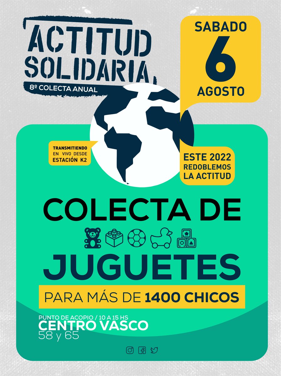 ActSolidaria's tweet image. Este sábado 6 de agosto, continúa la 8va colecta anual de Actitud Solidaria 🙌🏼
👉🏼 Luego de la jornada del 18 de junio, nos volvemos a encontrar en el Centro Vasco, en ACTITUD JUGAR 🧸⚽️.
🤩 Te esperamos con tus donaciones de juguetes nuevos o usados👏🏼❤