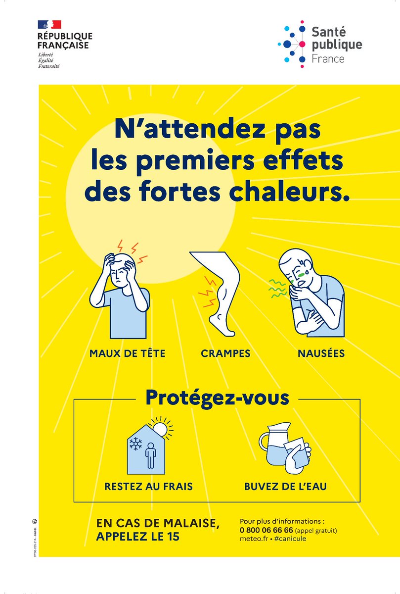Pic de chaleur | ☀️🌡⚠️
Le département du #Morbihan est placé par météo France à compter de ce lundi 11 juillet à 14h00 en vigilance jaune (niveau 2) pic de #chaleur jusqu'à la journée de mercredi 13 juillet 2022 comprise. 
Les conseils pour se protéger de la chaleur ⤵️