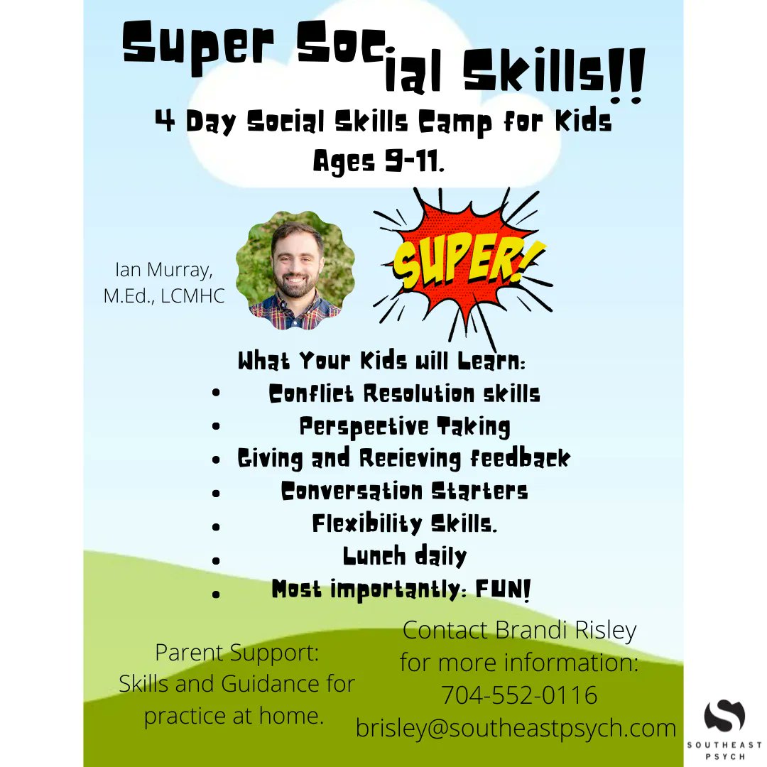 SoutheastPsych's tweet photo. =Ian Murray, M.Ed., LCMHC is offering a 4-day social skills camp for kids ages 9-11. If interested, contact Brandi Risley for more information at 704-552-0016 or brisley@southeastpsych.com!
.
#socialskills #socialskillsgroup #socialskillscamp #kidssocialskills #therapy #counsel https://t.co/7Cq14g90x5