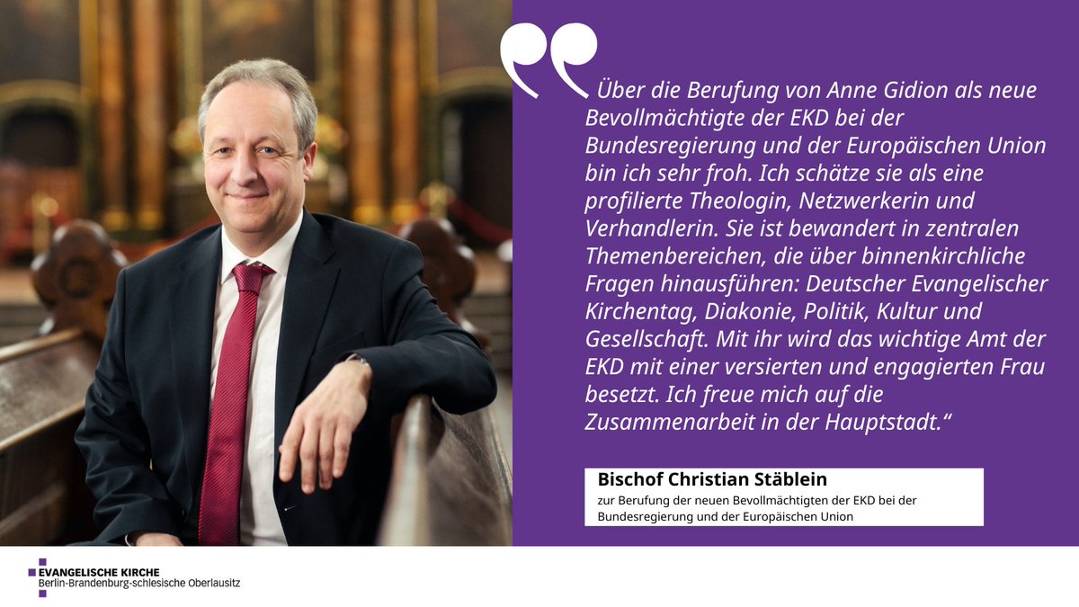 Bischof Christian Stäblein zur Berufung von Anne Gidion als neue Bevollmächtigte der @EKD  bei der 
#Bundesregierung und der #EuropäischenUnion
@nordkirche_de @anne_gidion #WasPfarrerinnenSoMachen