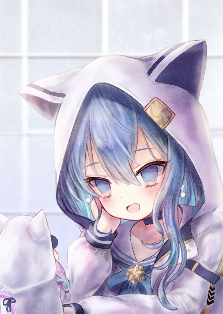 hoshimachi suisei hood blue hair blue eyes animal hood hood up bangs blush  illustration images