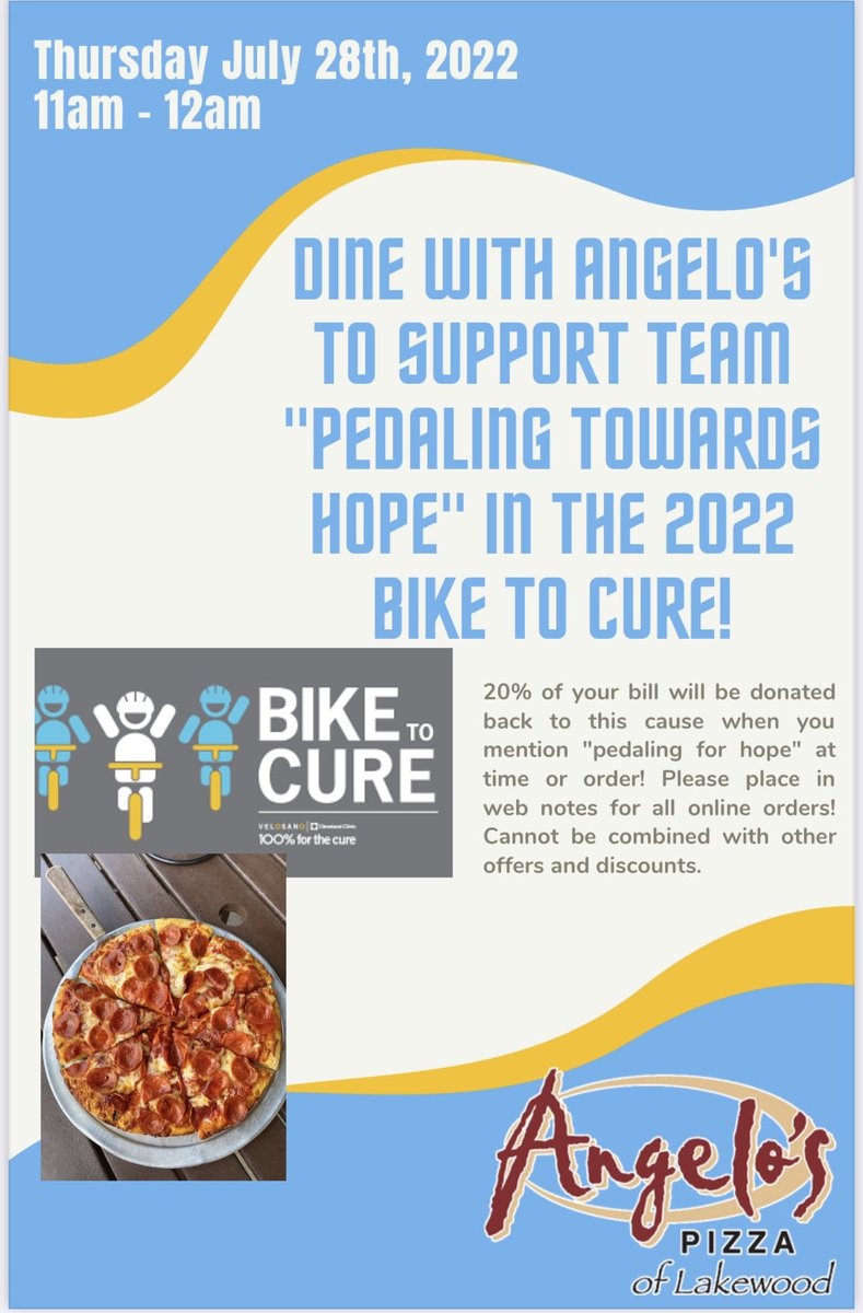 kmcada's tweet photo. @bikeVeloSano fundraiser happening at Angelo’s Pizza in Lakewood Ohio.  Raising money #pizza #pizzadelivery #Cleveland #CLE #RideWithUs #Cancer https://t.co/zDgO0lVNsv