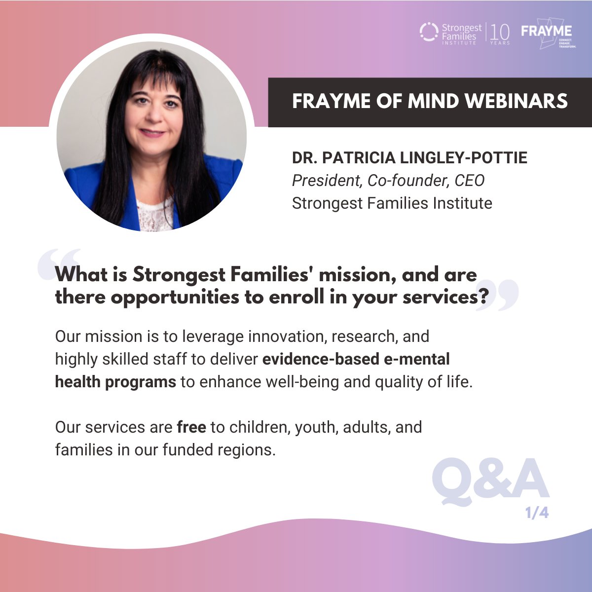 This week, we're answering your questions about family-centered care with @DrPatriciaP from @StrongestFam, our latest #FraymeOfMind webinar host!

💻 Missed the webinar? Stream it on our Youtube channel 👉 ow.ly/VNnJ50JQRpP