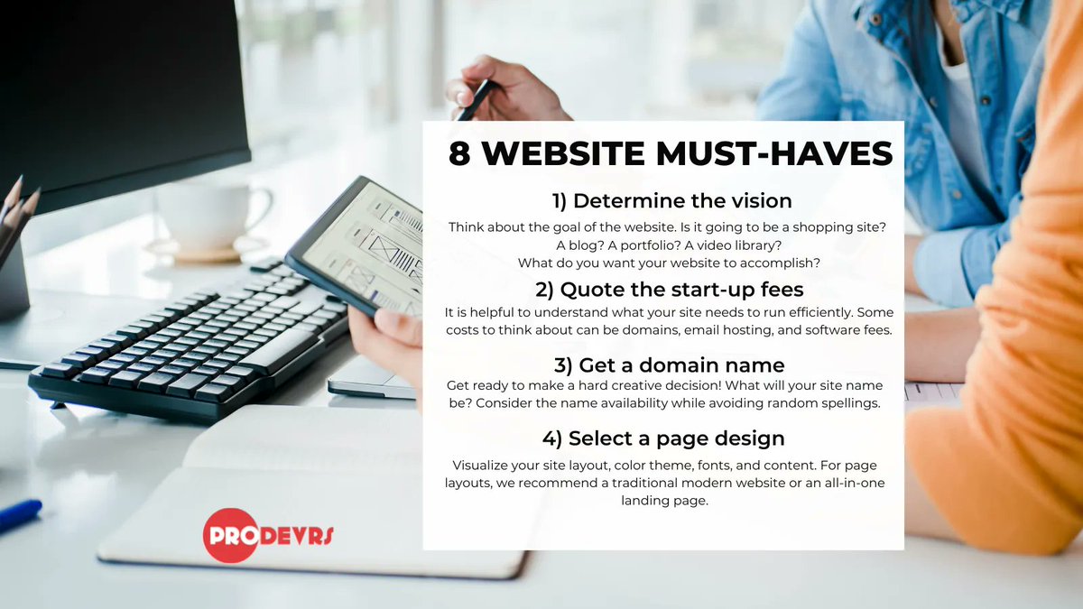 prodevrs's tweet image. Building a website starts with a plan in mind. Here are 8 website must-haves! With this information in mind, you're almost ready to launch. Contact Prodevrs for the next steps!