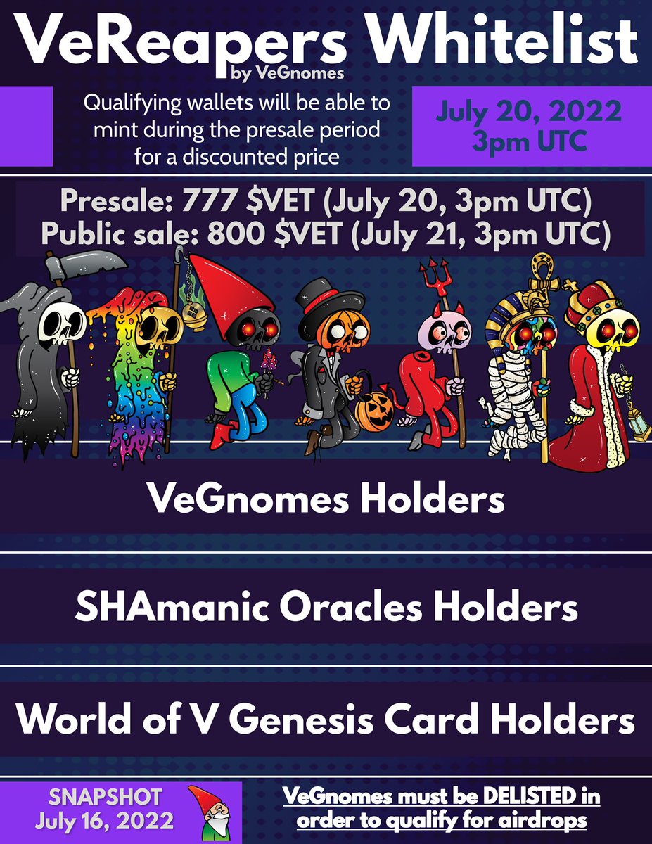 AmphiCollective's tweet image. | MINT JULY 20 3pm UTC |
#VeChain X-node &amp;amp; @worldofv_art Whale Card vested until 2024 BTC halving
-
🎁GIVEAWAY🎁
1 VeGnome #NFT
1 VeReaper NFT
1,000 $VET
Enter:
Like, RT, Tag 3 Friends, Follow 
Join: Discord.gg/VeGnomesNFT
-
#vNFT #VeFam #NFTs $SOL #Solana #NFTGiveaway #Sol #BNB