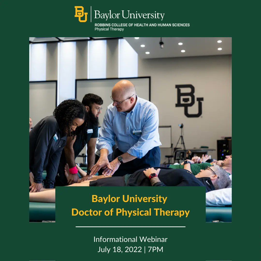 BaylorDPT's tweet image. We are exactly one week away from our next Informational Webinar! This is a great opportunity to find out how to get your #DPTin2 at Baylor University! Join us on July 18 at 7pm CST. For more information and to register: buff.ly/3QmRCci