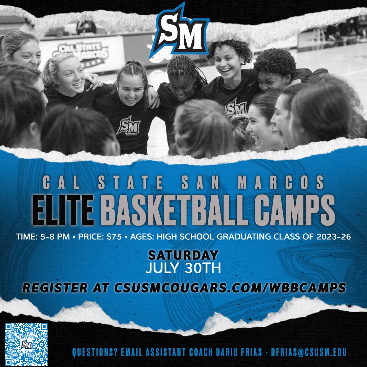CSUSM_WBB's tweet photo. 🏀 Elite Camp is starting to fill up fast. Limited spots available. SIGN UP NOW! 🏀 

📍Cal State San Marcos; The Sports Center

📆 July 3️⃣0️⃣ 

⏰ 5:00pm-8:00pm

 🐾 Join us for an exciting day of basketball!
  #csusmwbb #EverythingMatters https://t.co/enjFZGZoAZ