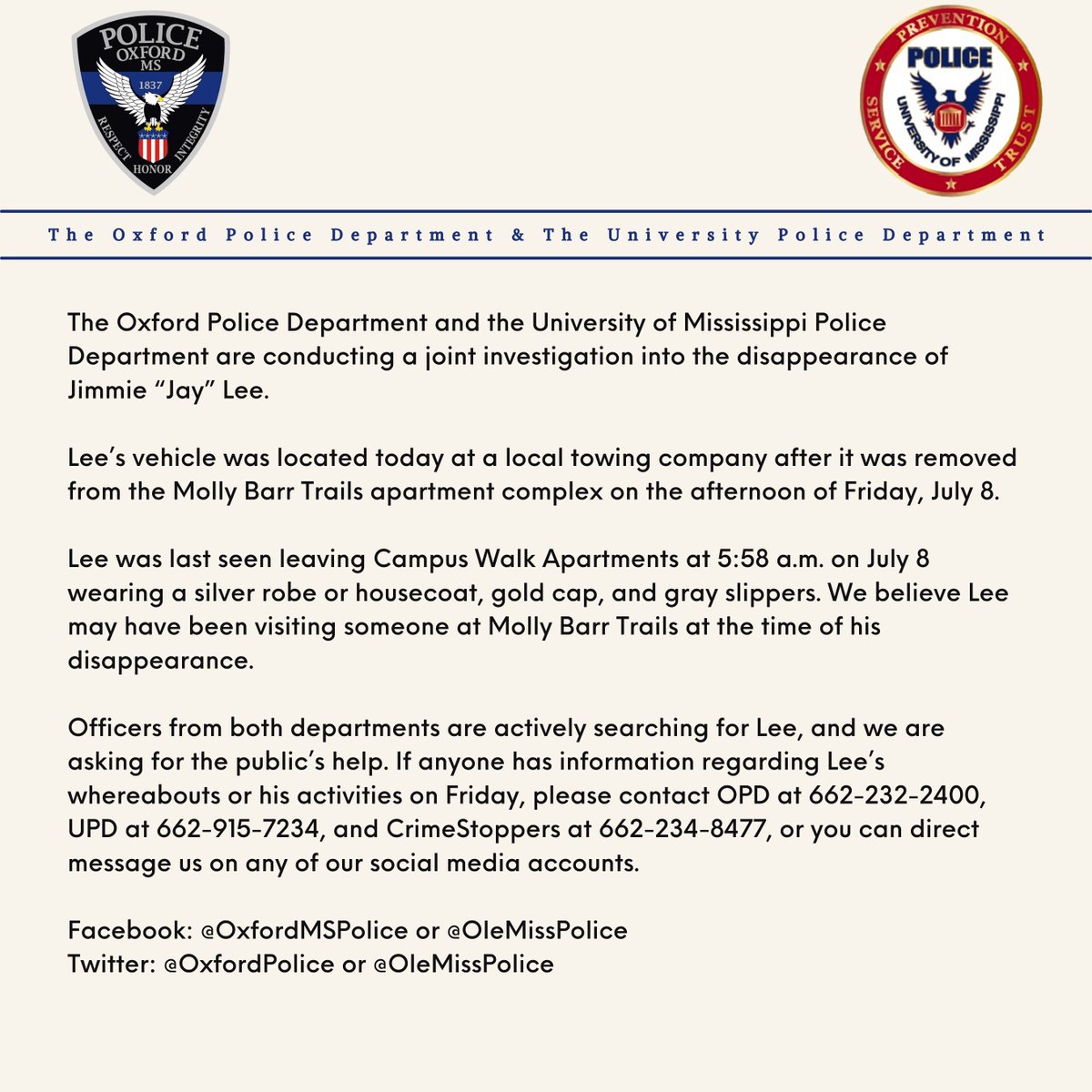 Oxford Police Dept (@oxfordpolice) on Twitter photo The Oxford Police Department and the University Police Department (<a href="/OleMissPolice/">OleMissPolice</a>) are working jointly on this investigation. We have attached updated photos of Jimmy "Jay" Lee.
CrimeStoppers has pledged $1,000 for anyone with information that leads to Lee being found. The Oxford Police Department and the University Police Department (<a href="/OleMissPolice/">OleMissPolice</a>) are working jointly on this investigation. We have attached updated photos of Jimmy "Jay" Lee.
CrimeStoppers has pledged $1,000 for anyone with information that leads to Lee being found.