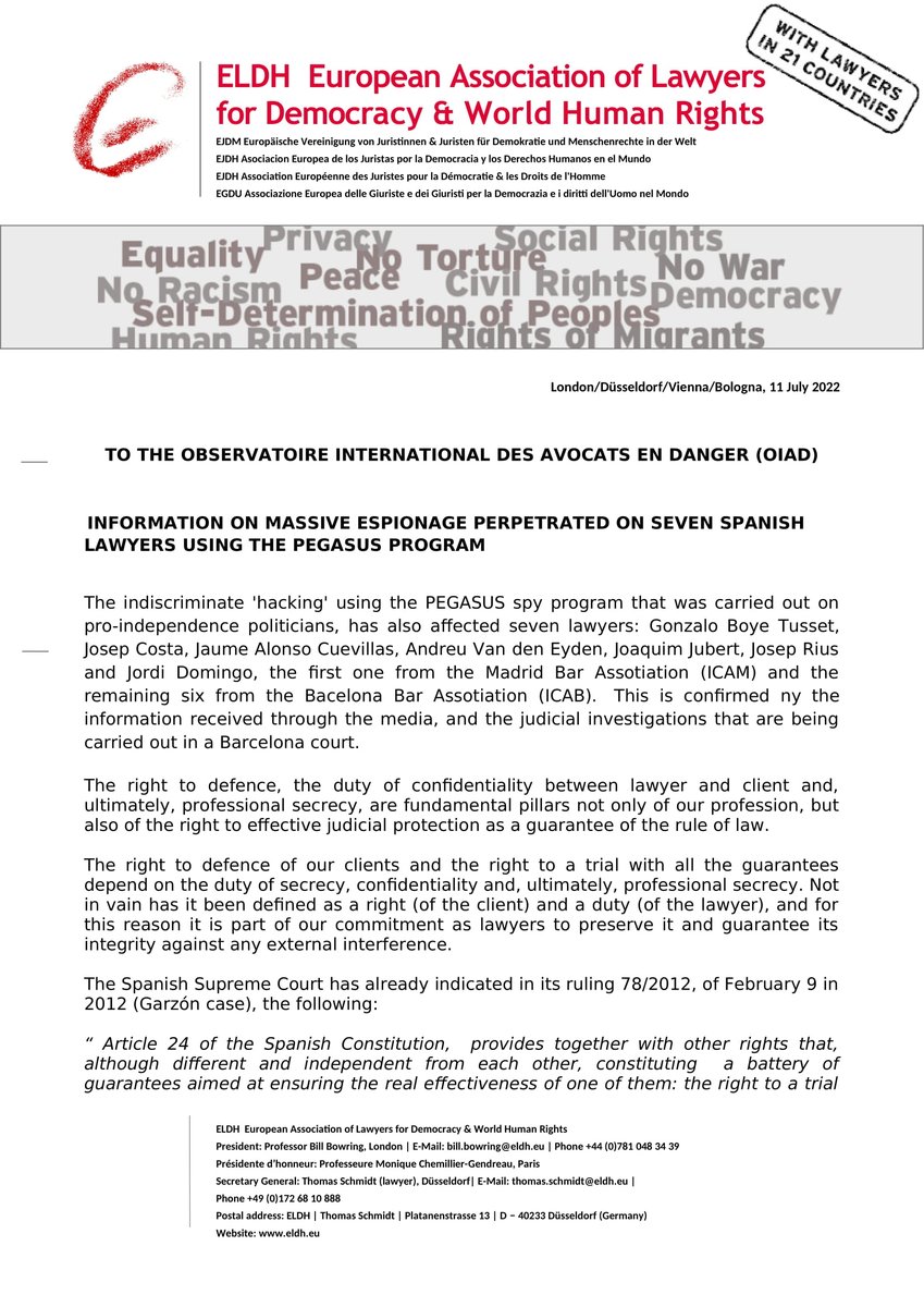 EldhLaw's tweet photo. To the OIAD: Information on massive Espionage perpetrated on seven Spanish Lawyers using the Pegasus programme
https://t.co/hHW5cpkTEE
#Spain #FairTrial #RighttoDefense @chdgenelmerkez @DJS_JDS @SocialistLawyer @vdj @AED_EDL @giurdem https://t.co/fYoixZ9kfj