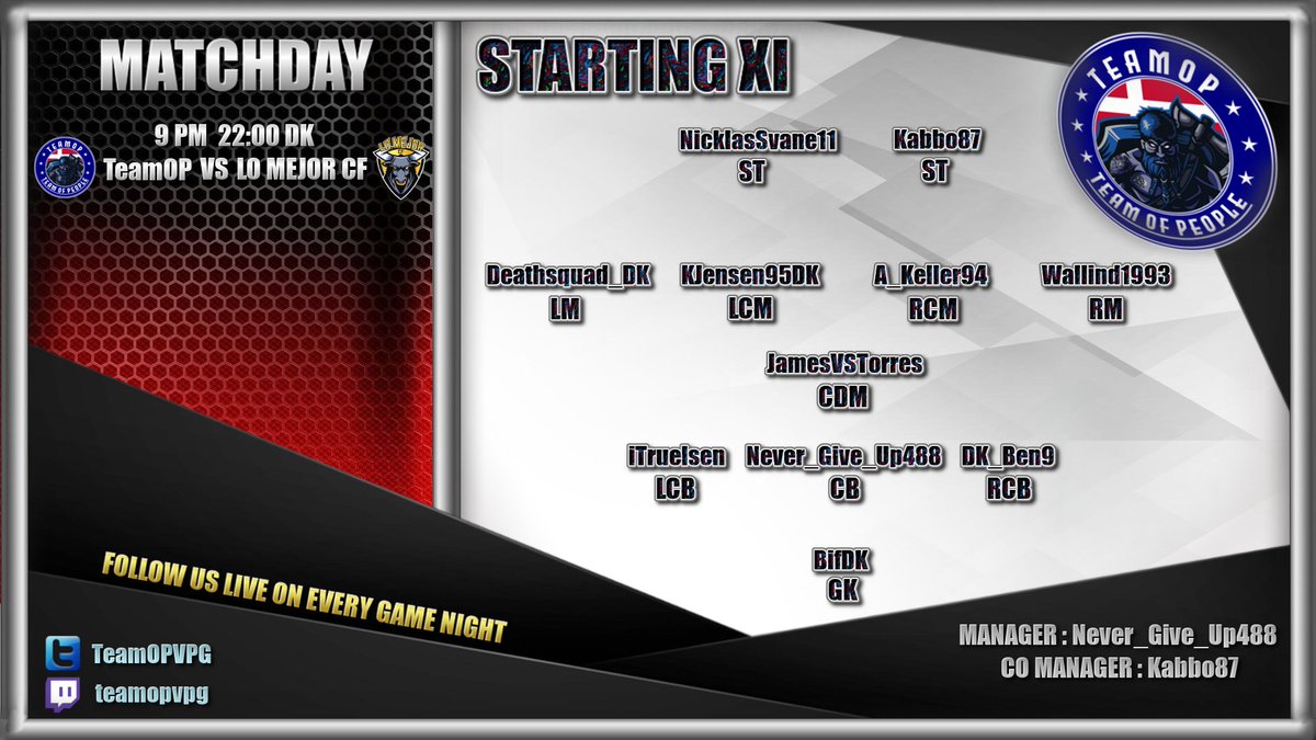 We can now Present our first Line up in Premier B, Tonight we facing Lo Mejor CF The match will go on 9Pm 22:00 DK, The Stream Will go on 9:50Pm 21:50DK. Hope to see you all in the chat. Best of luck to both teams twitch.tv/teamopvpg  <a href="/VPGPremier/">VPG Esports Premier</a> <a href="/VPGEurope/">Virtual Pro Gaming | Europe</a> <a href="/lomejorcf/">Lo Mejor CF</a>