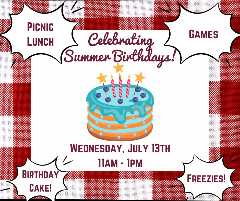 Youth Picnic Wednesday!
This week is the halfway point of summer break &amp; I thought it would be fun to celebrate summer birthdays!!
Join me at the Crosby Park on Wednesday from 11am - 1pm for a FREE picnic lunch, summer treats, games, and BIRTHDAY CAKE! 
All youth welcome!