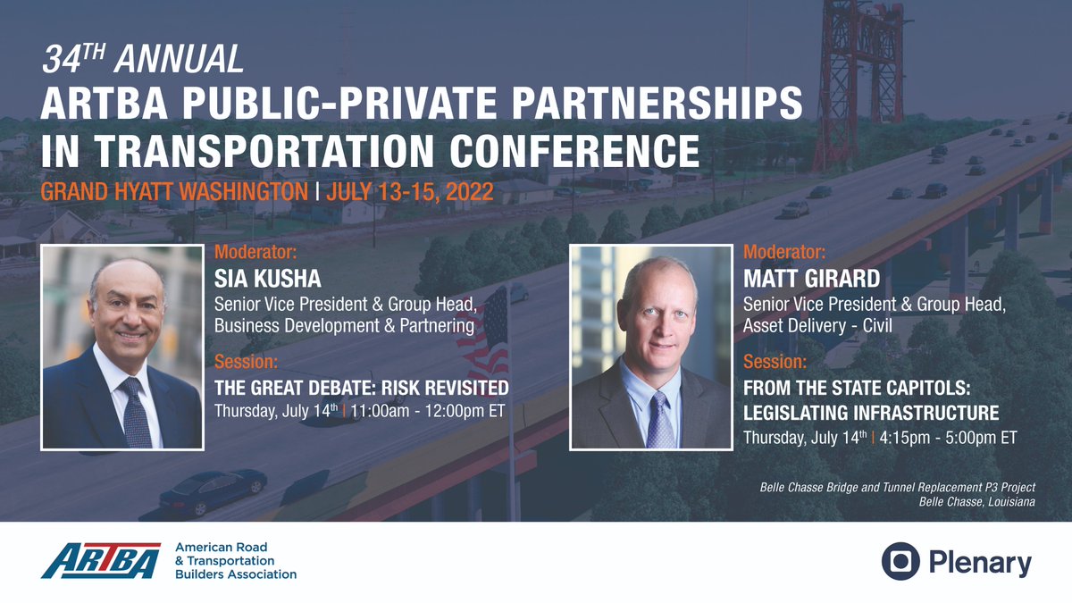 PlenaryAmericas's tweet photo. Join us July 13-15 for the @ARTBA Public-Private Partnerships in Transporation Conference. Industry leaders and public officials will discuss transportation investment, legislation and project pipelines across the US.
Register: https://t.co/2zXUy7Oaaa
#artbap3 #infrastructure https://t.co/giThodFG1l