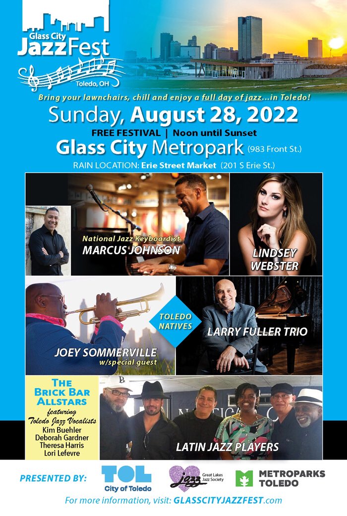 DowntownToledo's tweet photo. Just announced- the Glass City JazzFest🤩 This one day festival is bringing national and local artists together to Toledo.

📅 Sunday, August 28
⏰ All day beginning at noon
📍Glass City Metropark | 983 Front St
🎟 Free and open to the public

Details: https://t.co/vQcZ8inWiV https://t.co/ZZ1EU7SDt7