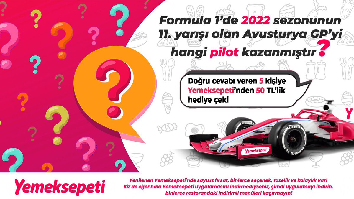 F1tutkumuz's tweet image. 🥳ÇEKİLİŞ VAKTİ🥳 
 
🎁Sorumuzu doğru cevaplayan 5 kişiye, @yemeksepeti’nden 50 TL hediye çeki veriyoruz. 
 
⚠️Katılım için yapmanız gerekenler: 
💥Gönderiyi RT etmek 
💥Yorum yapmak (Cevabı içeren) 
💥Yemeksepeti ve Tutkumuz F1 hesaplarını takip etmek 
 
🙏Herkese bol şans!