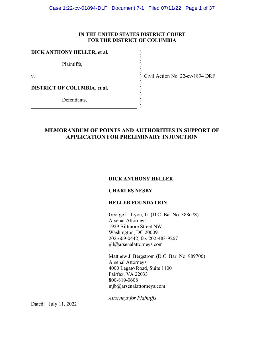 2Aupdates's tweet photo. Heller v. DC (D. DC): Dick Heller files motion for preliminary injunction against DC regulation that "restricts the amount of ammunition they can carry to that which would load their carry gun twice, but in no event more than 20 rounds." https://t.co/ymFUJTqIxg https://t.co/MIvowSeioI