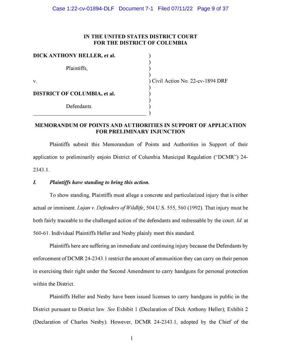 2Aupdates's tweet photo. Heller v. DC (D. DC): Dick Heller files motion for preliminary injunction against DC regulation that "restricts the amount of ammunition they can carry to that which would load their carry gun twice, but in no event more than 20 rounds." https://t.co/ymFUJTqIxg https://t.co/MIvowSeioI