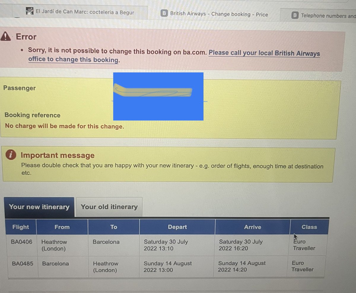 Cla_La_Land's tweet photo. @British_Airways 
Cancelled return flight for commercial booking. Trying to rebook but your computer system says no…told to call BA. Spent ALL day trying to get through to your Blue Members line…..at a complete loss. Any HELP?!! https://t.co/yZWkwGinne
