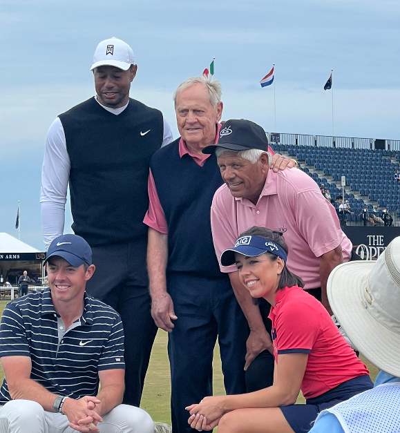 michaelqtodd's tweet photo. Tiger Woods, Jack Nicklaus, Lee Trevino, Rory McIlroy and Georgia Hall at St Andrews today. 
Getting excited for the Open yet?
Who are you backing to win? https://t.co/miqiPFDCuC
