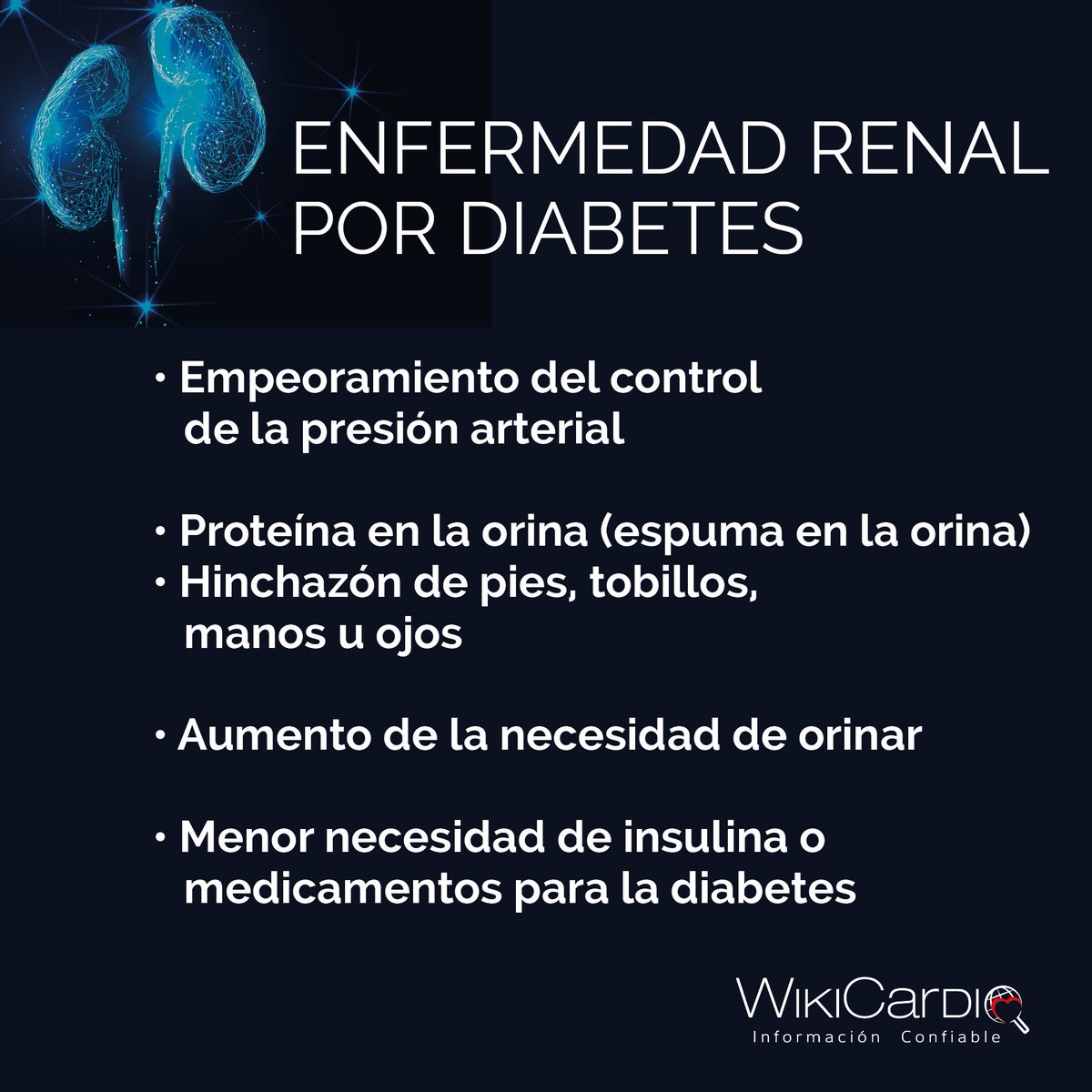 Wiki_Cardio's tweet photo. Pautas de alarmas que  no puede desconocer una persona diabética

La diabetes puede afectar la función de tus riñones por eso es importante que te controles con tu médico y estés atentos a sus síntomas como: https://t.co/b1eQXixIhs