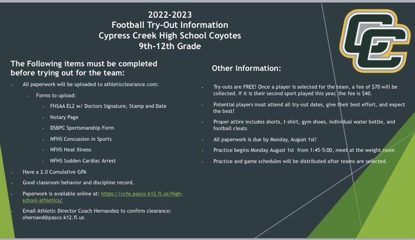 CCHS_Sport's tweet photo. Practice starts August 1st. Attached is info for Football, Boys/ Girls Golf and Volleyball. More info TBA for Swimming and Cross Country. DM any questions.  @TheCoyoteWay @PascoCoSports @StayHowlin @ladycoyotegolf1 https://t.co/qljzleqEiX