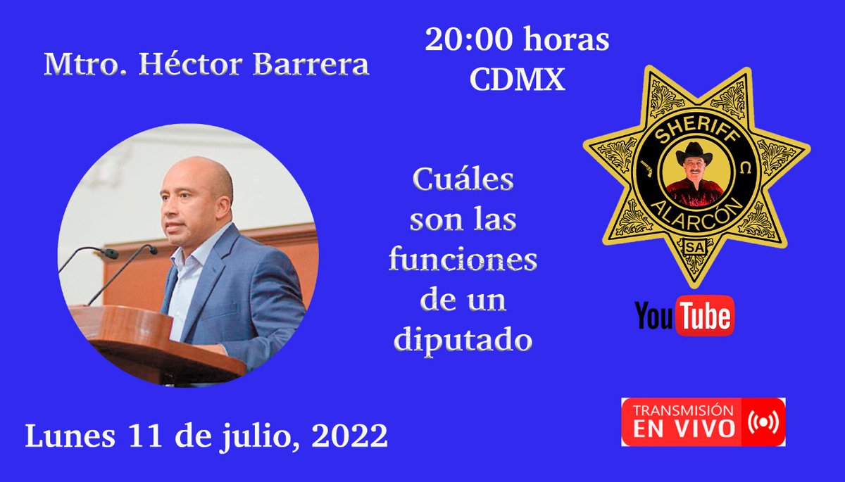 HectorBarrera_'s tweet photo. Te invito a que me acompañes a la entrevista con @Sheriff_Alarcon en transmisión en vivo por YouTube el día de hoy a las 8 de la noche.
Platicaremos sobre cuáles son las funciones de un diputado.

https://t.co/Pm2bdE73uF

#SeguirParaServir #DiputadosEnAcción #HectorBarrera https://t.co/UCCyNG8WE4