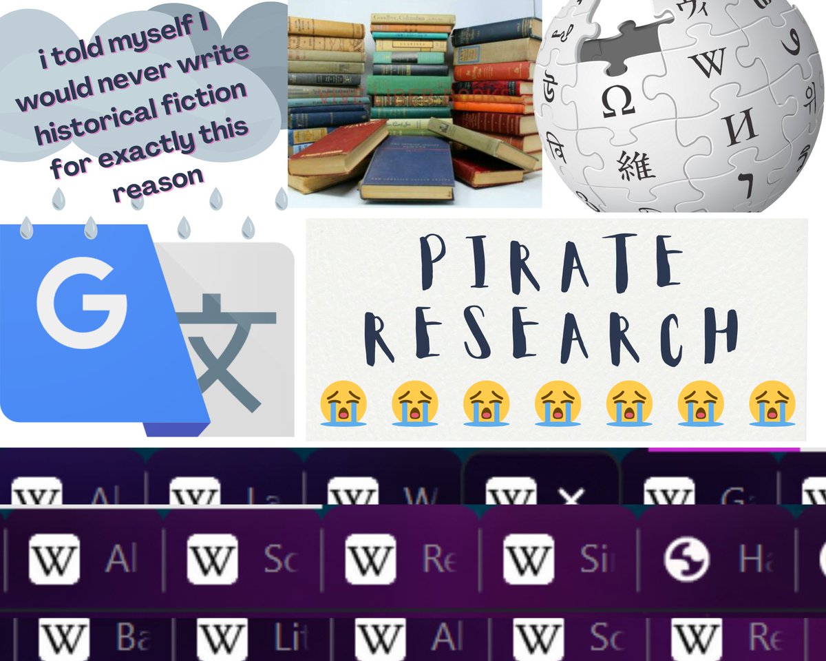 RivReiterWrites's tweet photo. #aestheticboard but for researching your historical fiction novel
follow me if you like

-opening forty wiki articles
-being too overwhelmed to write for weeks
-panic buying five niche books written a century ago
-closing all forty wiki articles and starting over
-self doubt???? https://t.co/gaVpO93UtI