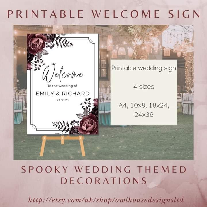 owlhousedesigns's tweet photo. I hope you have all had a glorious Monday and enjoyed the sunshine! 🌞 I have made a wedding welcome sign to match my table numbers 🥳 available now on etsy! 

#spookywedding #weddingdecorations #canvatemplate #weddingideas #weddingplanning #darkwedding #spookyvibes #moneysaving https://t.co/PaGkYkd4K8