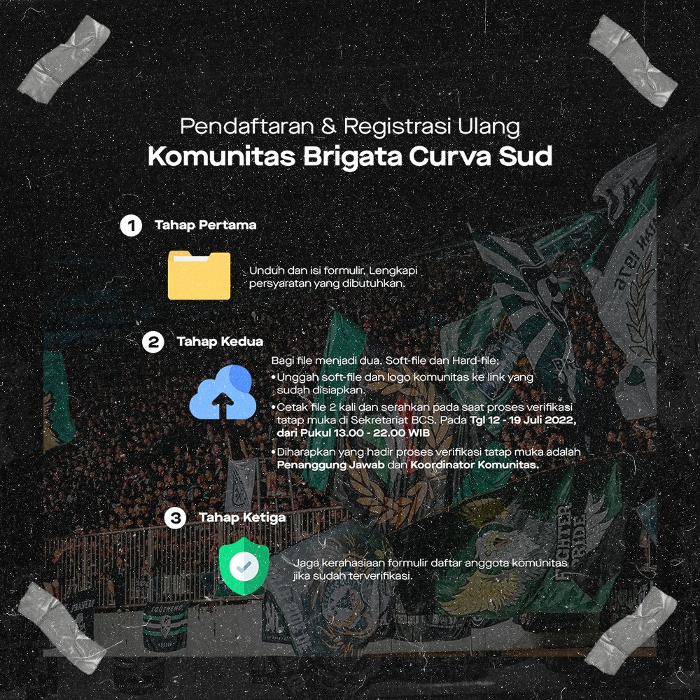 Pendaftaran &amp; Registrasi Ulang 2022 ‼️

1. Unduh file formulir, link: bit.ly/FormulirVerifi…
2. Unggah file dan logo, link: bit.ly/UnggahFormulir
3. Proses verifikasi tatap muka di Sekretariat (Tgl 12-19 Juli 2022 dari Pukul 13.00-22.00 WIB)

#VerifikasiBCS