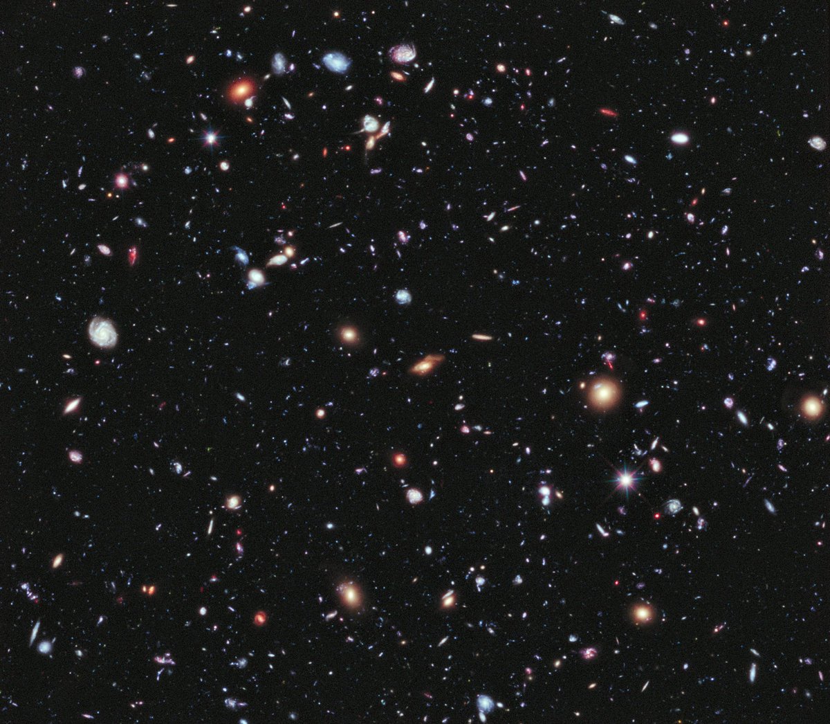 This is the deepest image we have of our universe containing over 10,000 galaxies, some from 13.2 billion years ago. It was made with a decade of Hubble Space Telescope data.

Today, we look even deeper with JWST!