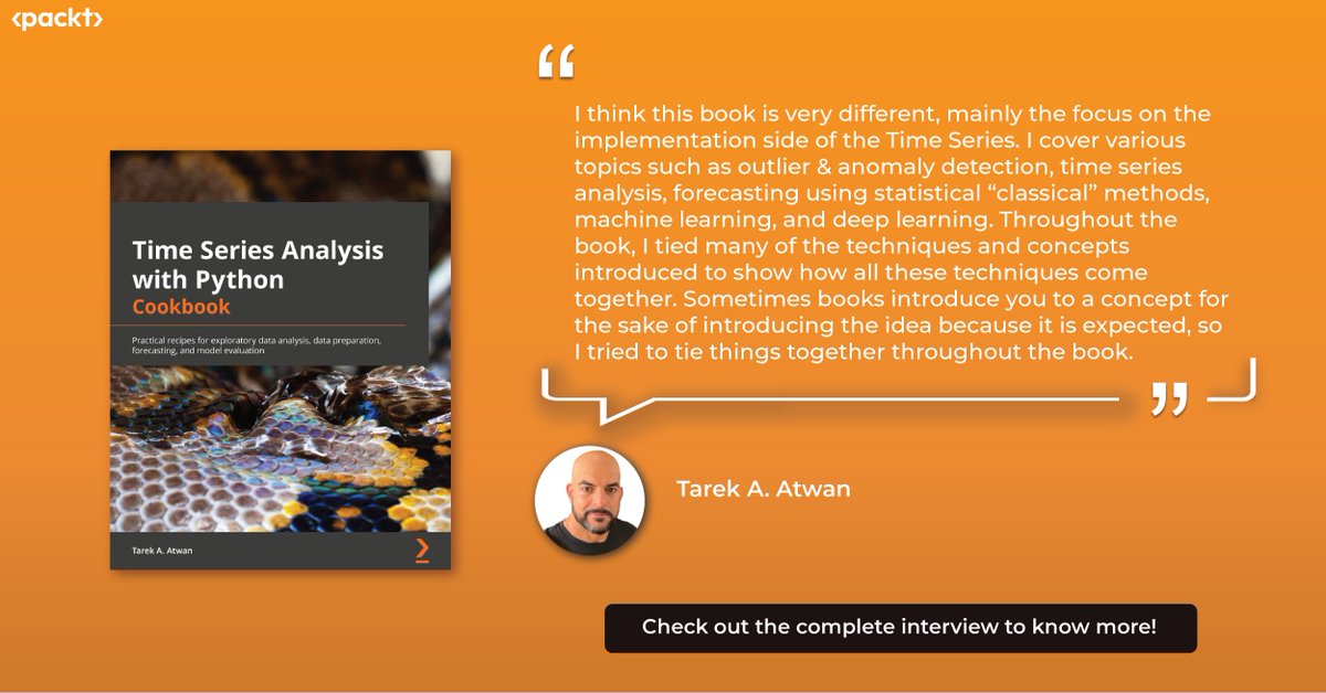 PacktPublishing's tweet photo. Perform time series analysis and forecasting confidently with this #Python code bank and reference manual.

Check out author @Tarek Atwan's insightful interview to know learn more about the book and his writing journey: https://t.co/EuEsoP8FSe https://t.co/uF9hER7rCG