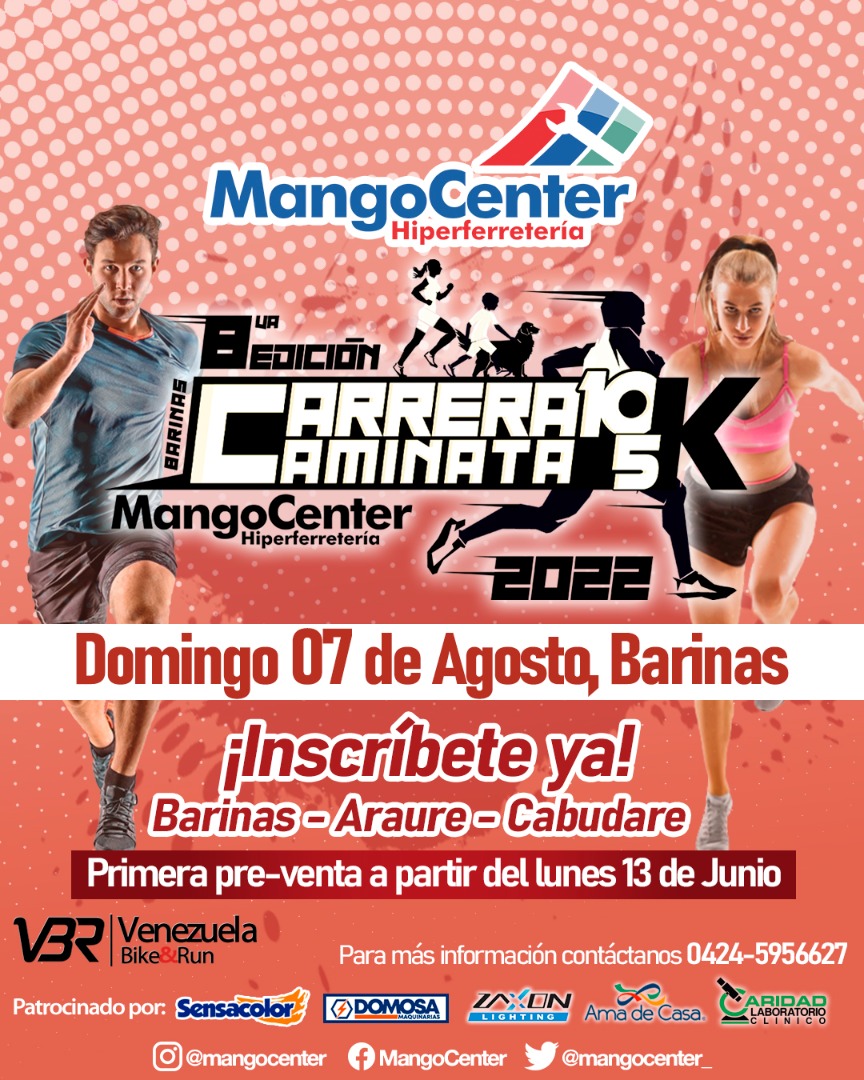 MangoCenter_'s tweet image. La 8va edición de la Carrera - Caminata MangoCenter regresa este 7 de #Agosto de 2022. Inscríbete en todas las tiendas MangoCenter en #Barinas #Araure #Cabudare