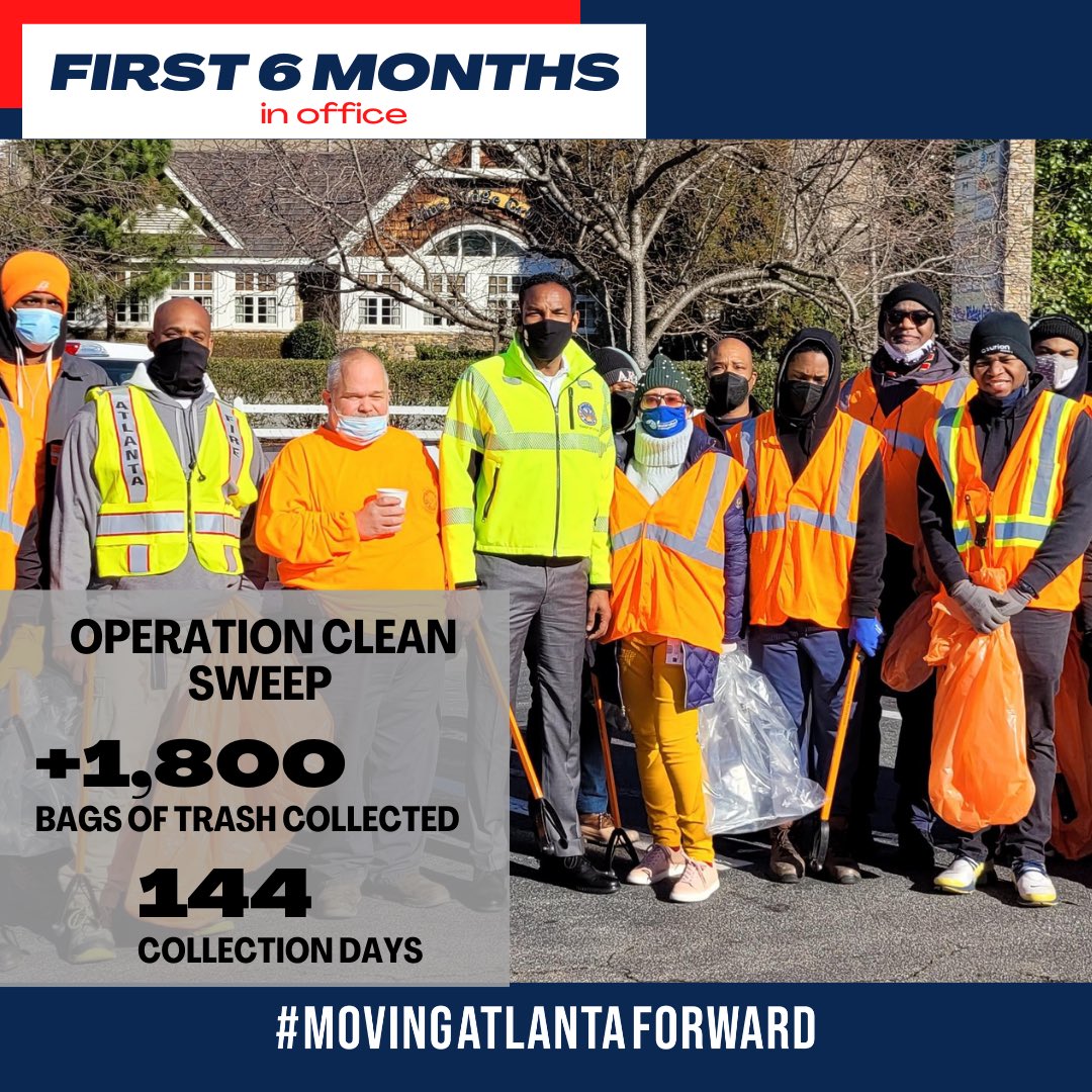CityofAtlanta's tweet photo. In order to #KeepATLBeautiful, Mayor @Andreforatlanta and @ATLPublicWorks launched #OperationCleanSweep. So far, participants have filled over 1,800 bags of trash during 144 collection days. https://t.co/CaeVAN7Hq3