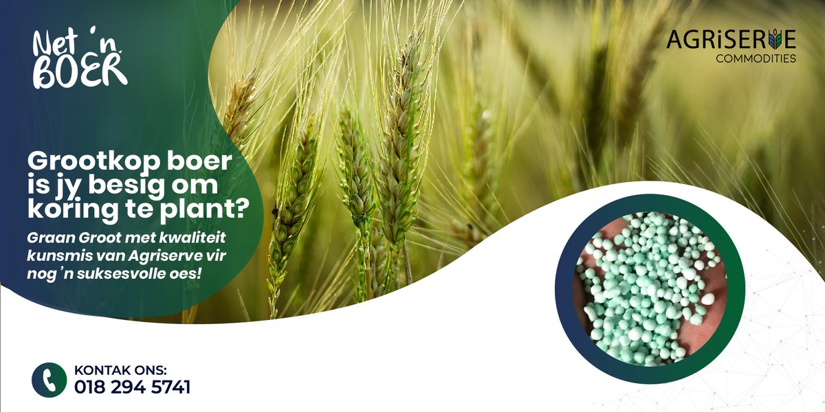 AgriserveC's tweet photo. #GrootkopBoer is jy besig om koring te plant? 🌾 #GraanGroot met kwaliteit kunsmis van #Agriserve vir nog ’n suksesvolle oes! Kontak ons handelaar vandag nog om jou kunsmis te bestel. 

Jaco Coetzer: 0727356653 https://t.co/lhPntLDik9