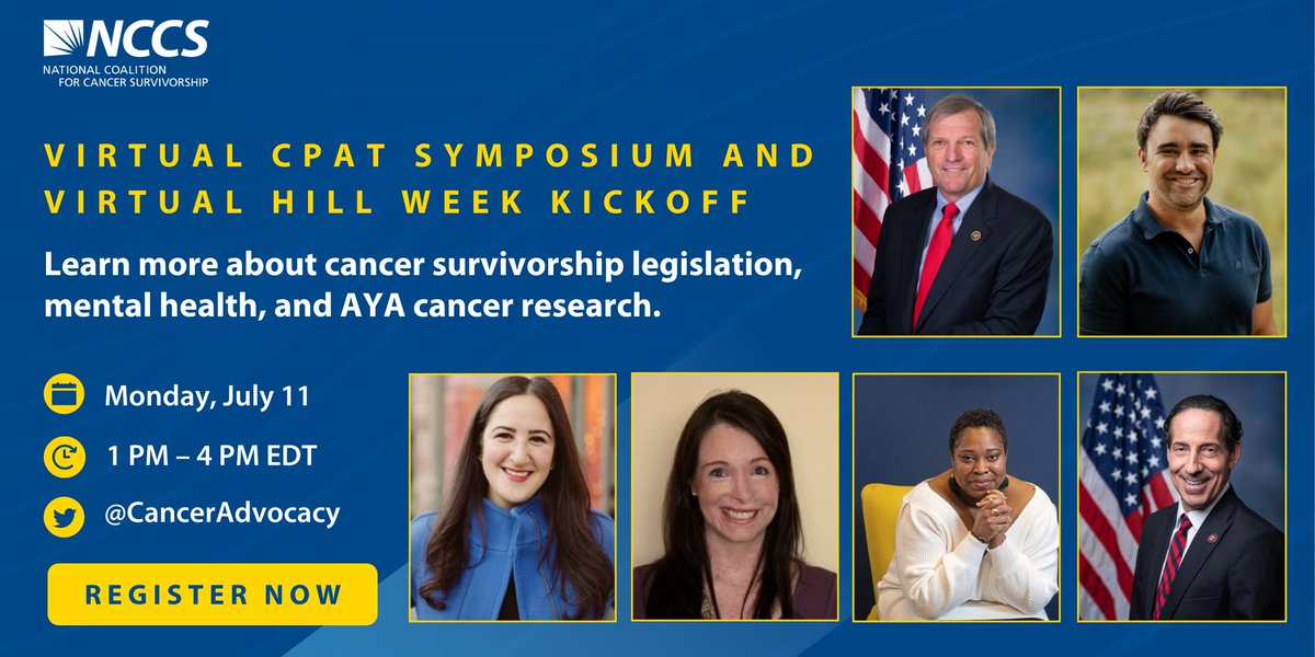 CancerAdvocacy's tweet photo. NCCS is proud to host today's Virtual CPAT Symposium &amp; Hill Week Kickoff. These speakers will discuss policy, mental health, &amp; AYA cancer research. Those who registered for Hill Week will have the opportunity to join virtual meetings with their Members of Congress. #VirtualCPAT22 https://t.co/BoBq8dxIZI