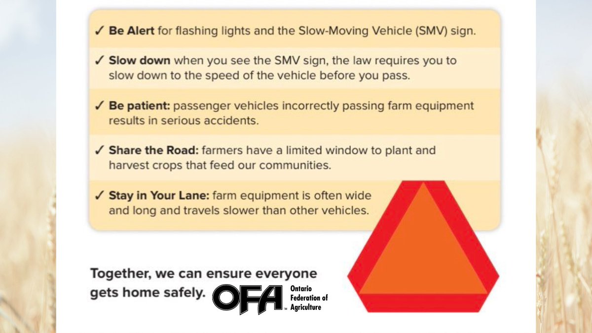 For some, #Harvest22 is underway. All drivers should stay alert for farm equipment, slow down when you 👀 the SMV sign and share the road. Ontario farmers have a limited window to harvest the crops that feed our province, country and world
#ontag