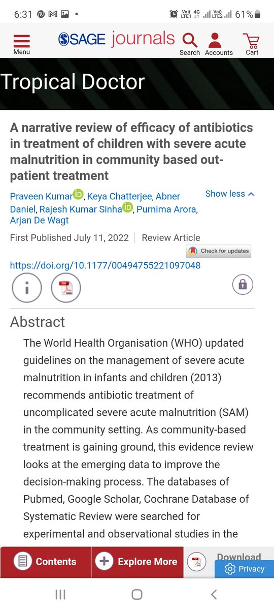 Our systematic review showed significant improvement in recovery of #SAM children treated with antibiotics in #CMAM prog This supports continuation of antibiotic for SAM as recommended by #WHO.
doi.org/10.1177/004947…
<a href="/Praveen56489174/">Praveen Kumar</a> <a href="/RajeshSinhaDr/">Dr. Rajesh Sinha</a>  <a href="/DrAbnerDaniel2/">Dr Abner Daniel</a> <a href="/arjandewagt/">Arjan de Wagt</a>