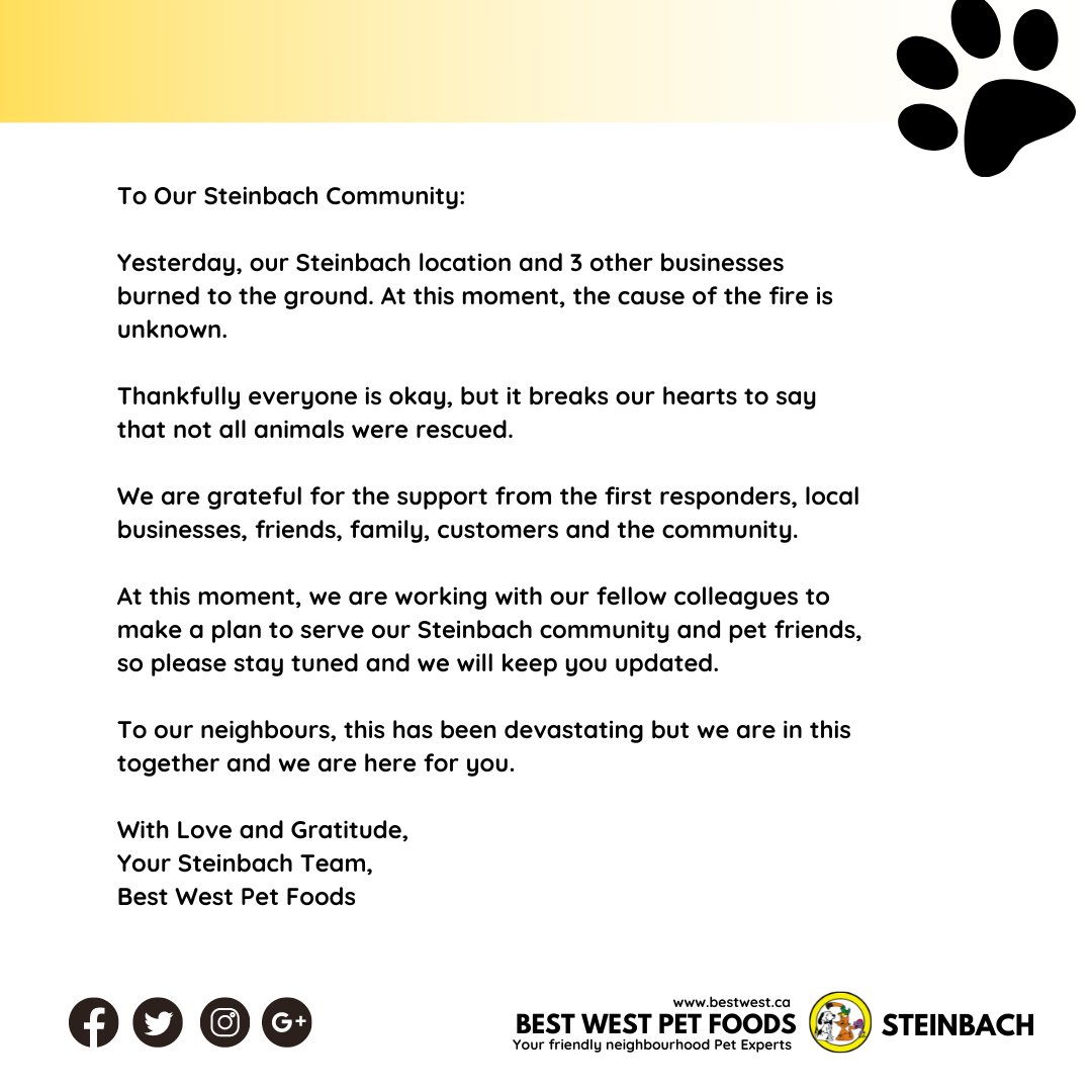 bestwestpet's tweet photo. Article: https://t.co/2M2bm5VwpE
Message to our Steinbach community:
#steinbachfire #manitobanews #bestwestpetfoods https://t.co/ZXtQlG8I5Q