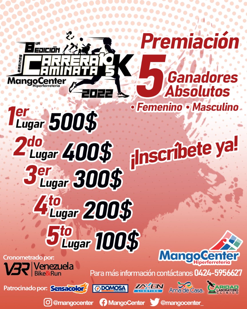 MangoCenter_'s tweet image. Estas serán las premiaciones para los 5 ganadores absolutos Masculinos y Femeninas de la 8va. Edición de la Carrera - Caminata MangoCenter 2022
#MangoCenter #Barinas #Carrera #Runing