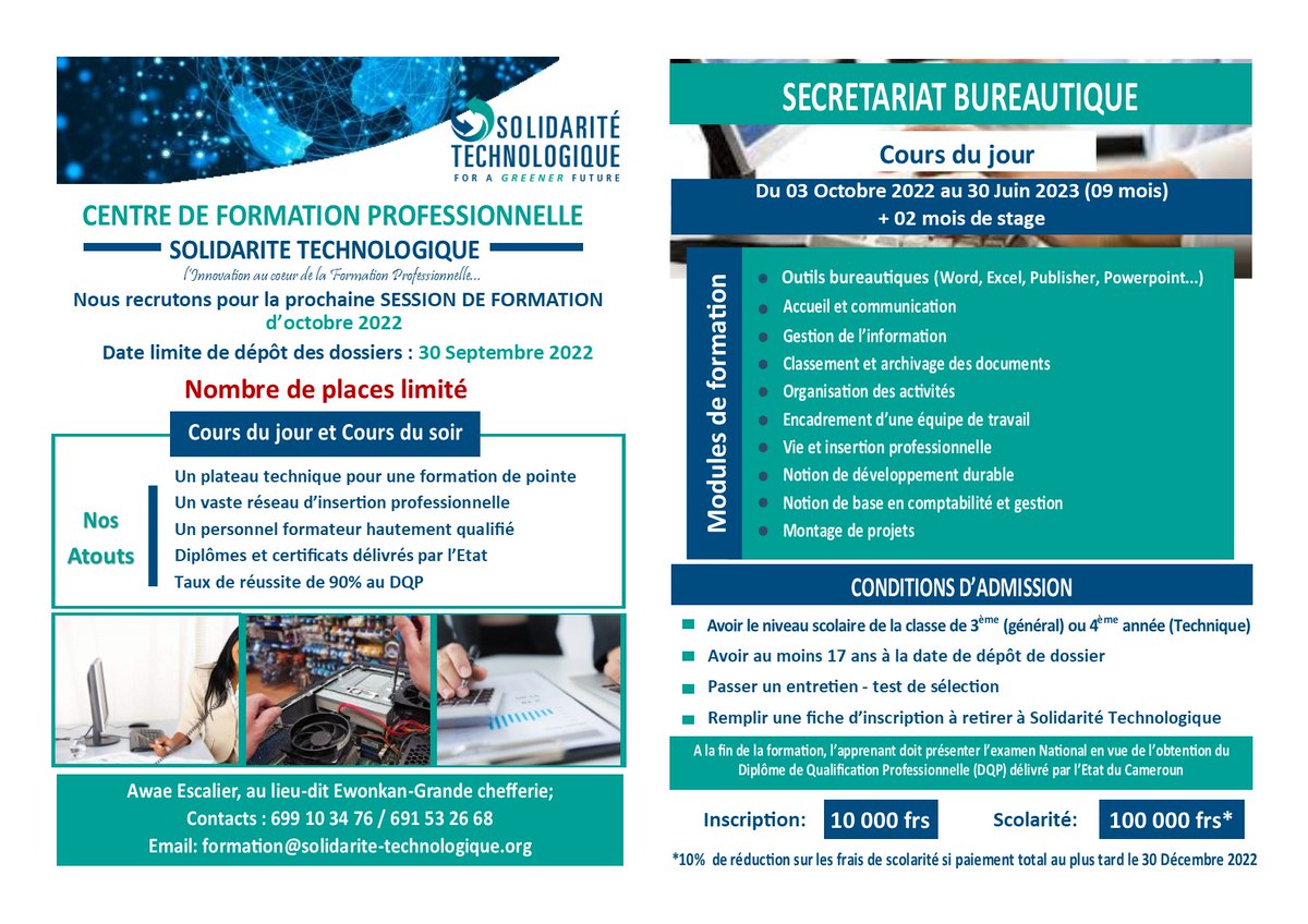 Solid_Techn's tweet photo. 🔥 Rentrée académique : 03 Octobre 2022
Dossiers recevables jusqu'au 30 Septembre 2022🔥 
📌Situés à côté de la Grande Chefferie Ewonkan, Quartier AWAE Escaliers, Yaoundé/Cameroun
💻(Appel, SMS; Whatsapp) 6 91 53 26 68 
#Secretariat #maintenanceinformatique #foragreenerfuture https://t.co/U7Fon1yHKd