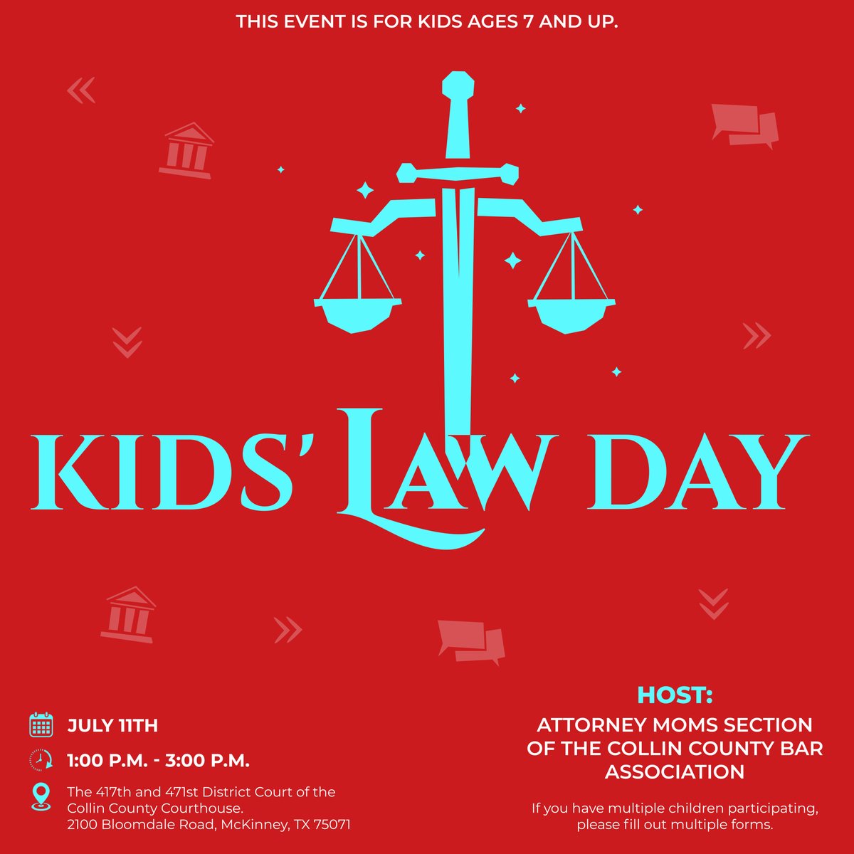 CCBLKCHAMBER's tweet image. Attorney Moms Section of the Collin County Bar Association is hosting a Kid&apos;s Law Day. Kid&apos;s Law Day celebrates the role of law in our society and teaches young children to have a deeper understanding of the legal profession. #SavetheDate July 11th |DM us to register. #ccbcc
