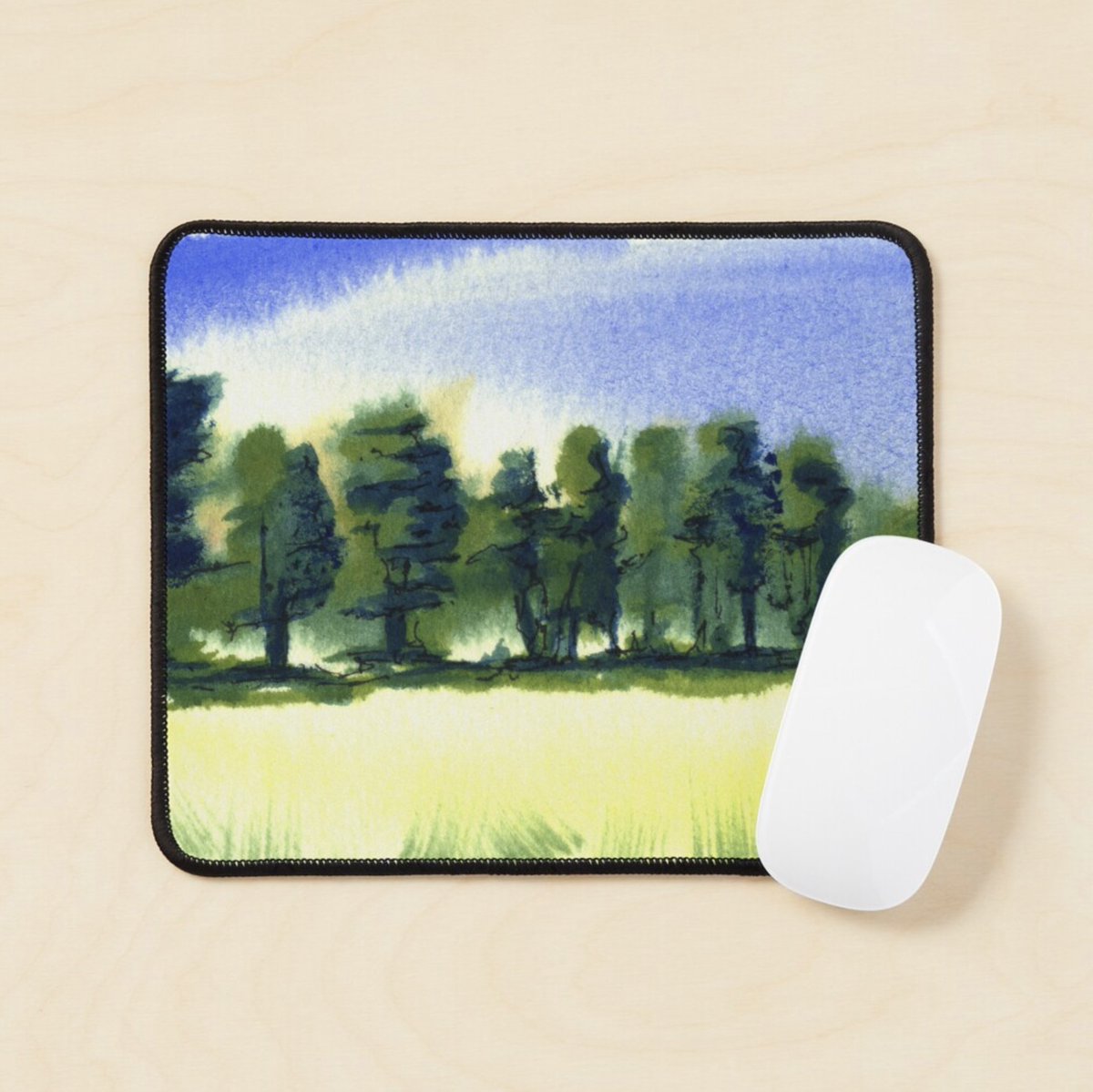 Desk stuff in my #Redbubble shop tinyurl.com/2p8emyn3 Reduce the stress of work with a forest under a blue sky #Landscape #Painting #LandscapePainting #Forest #Woods #IndependentArtist #IndependentDesign #MousePads #DeskMats #Desk #DeskSetUp #Office #ComputerGoods #Work #Relax